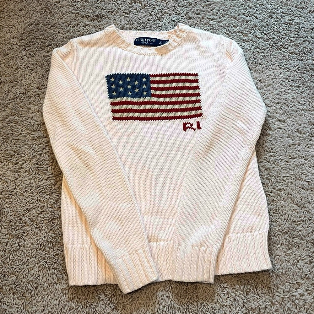 RARE Ralph Lauren Pink Pony American Flag Sweater USA Knit Crewneck - XS - Picture 5 of 7